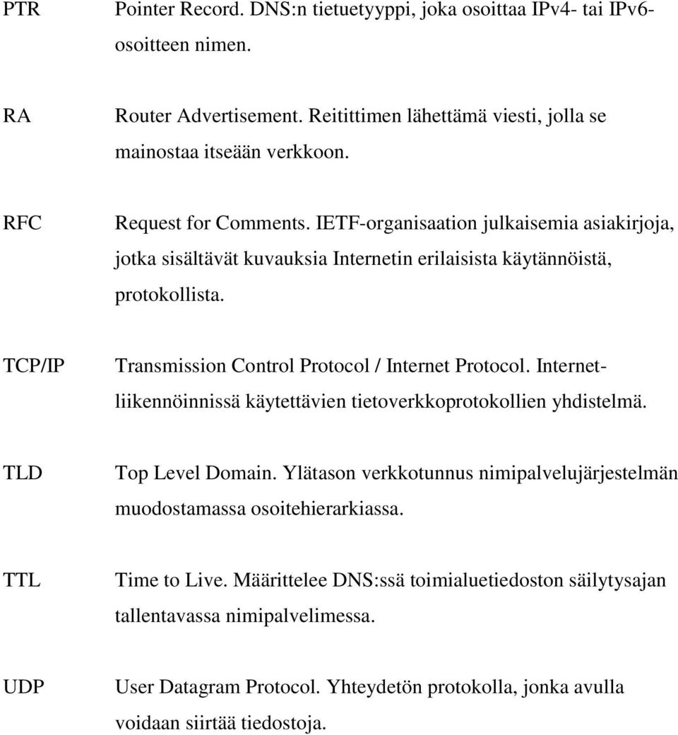 TCP/IP Transmission Control Protocol / Internet Protocol. Internetliikennöinnissä käytettävien tietoverkkoprotokollien yhdistelmä. TLD Top Level Domain.