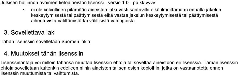 keskeytymisestä tai päättymisestä aiheutuvista välittömistä tai välillisistä vahingoista. 3. Sovellettava laki Tähän lisenssiin sovelletaan Suomen lakia. 4.