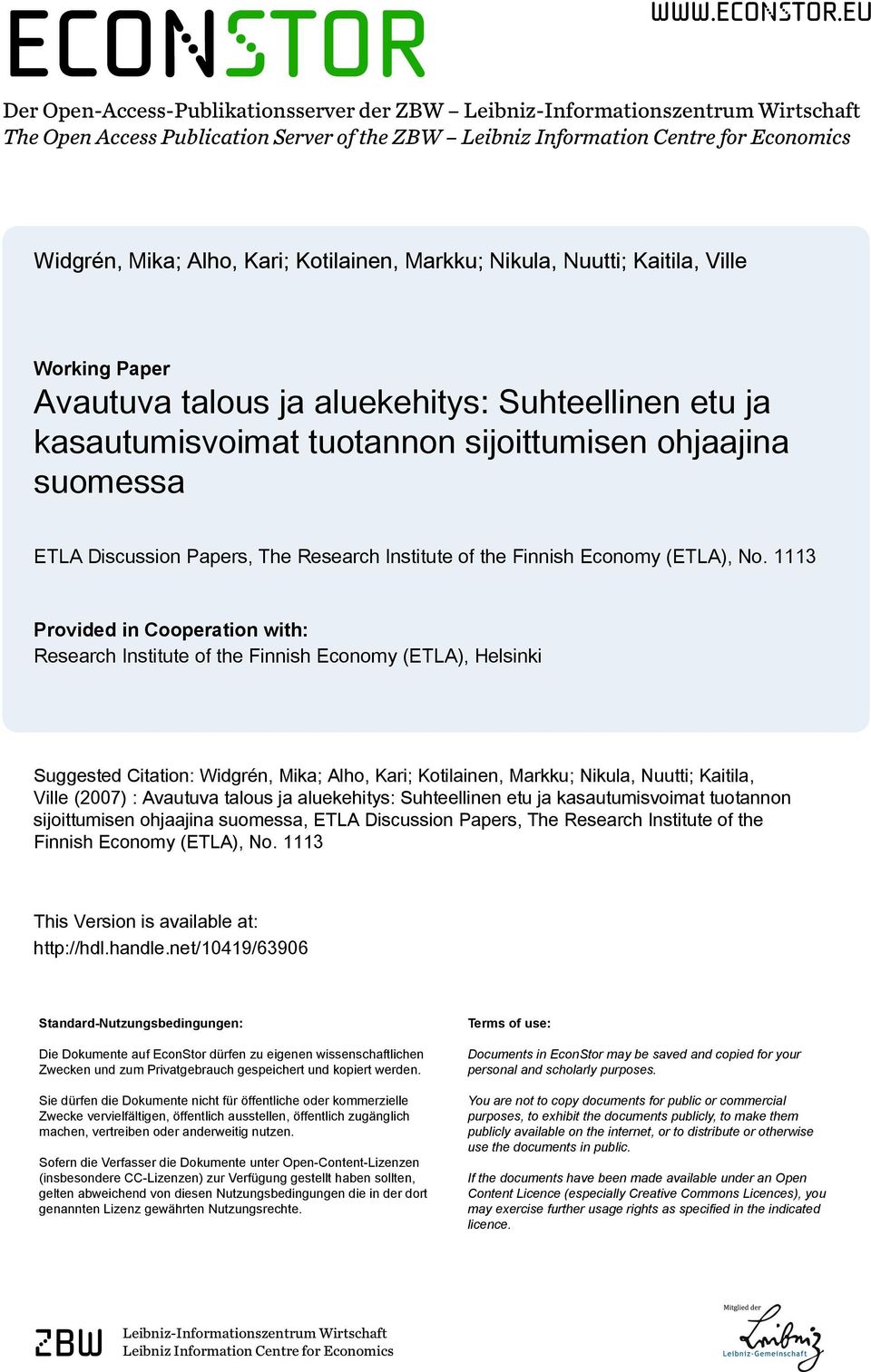 eu Der Open-Access-Publikationsserver der ZBW Leibniz-Informationszentrum Wirtschaft The Open Access Publication Server of the ZBW Leibniz Information Centre for Economics Widgrén, Mika; Alho, Kari;