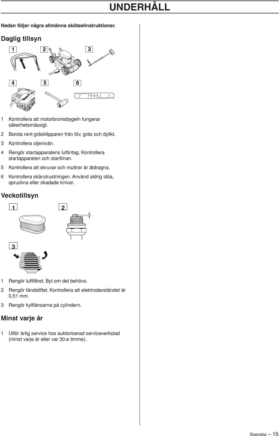 5 Kontrollera att skruvar och muttrar är åtdragna. 6 Kontrollera skärutrustningen. Använd aldrig slöa, spruckna eller skadade knivar. Veckotillsyn 1 2 3 1 Rengör luftfiltret.