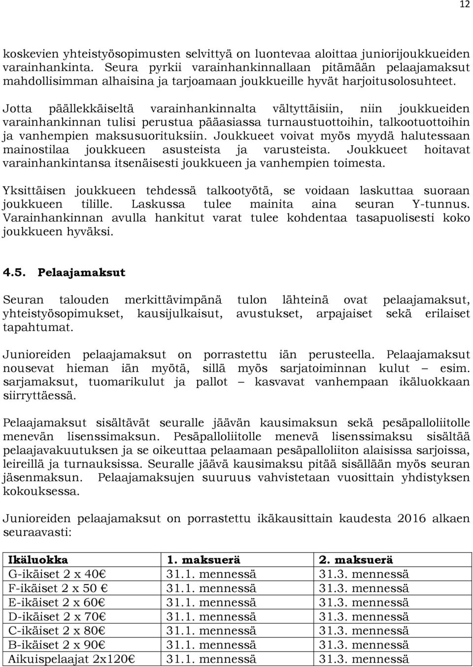 Jotta päällekkäiseltä varainhankinnalta vältyttäisiin, niin joukkueiden varainhankinnan tulisi perustua pääasiassa turnaustuottoihin, talkootuottoihin ja vanhempien maksusuorituksiin.