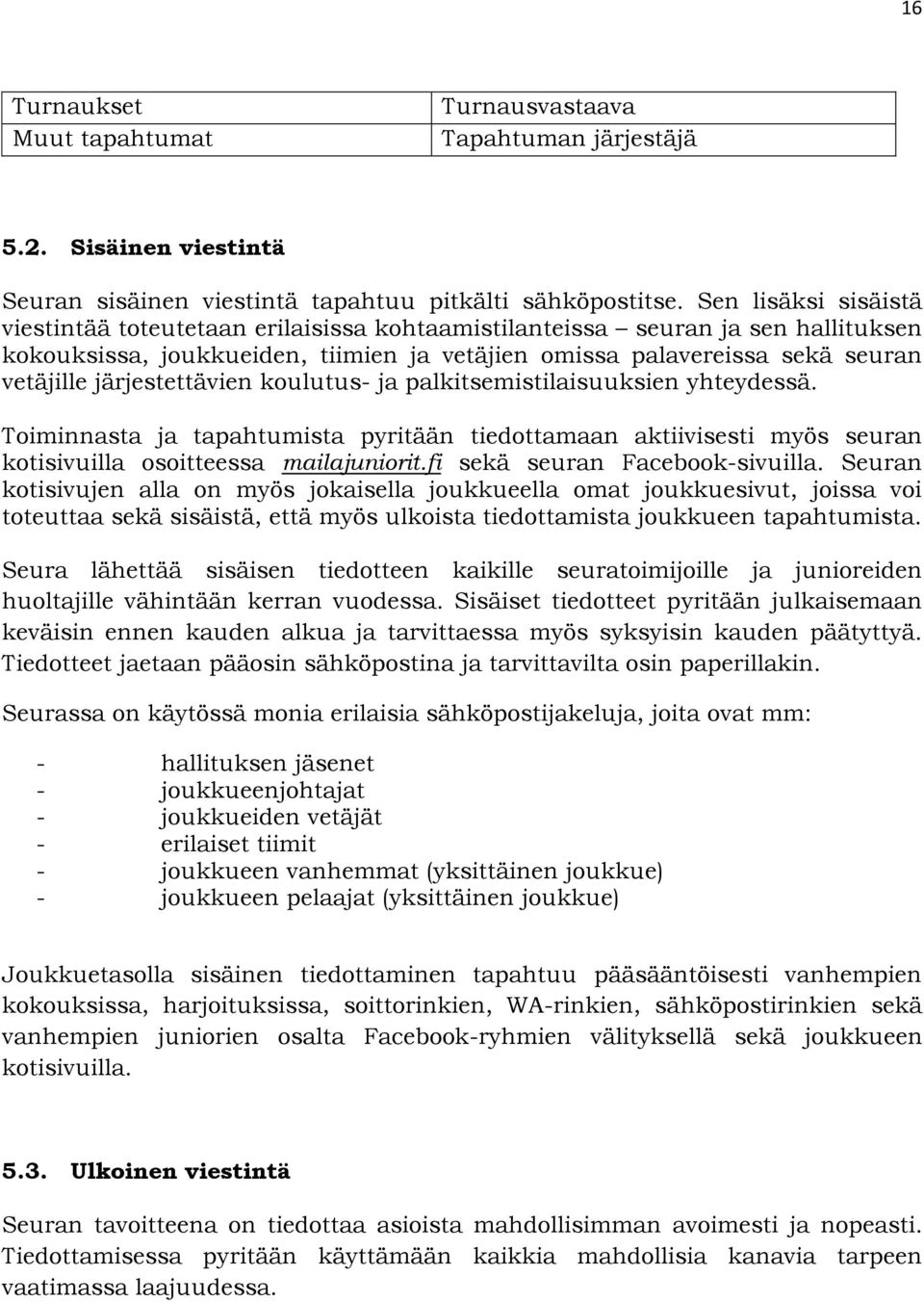 järjestettävien koulutus- ja palkitsemistilaisuuksien yhteydessä. Toiminnasta ja tapahtumista pyritään tiedottamaan aktiivisesti myös seuran kotisivuilla osoitteessa mailajuniorit.