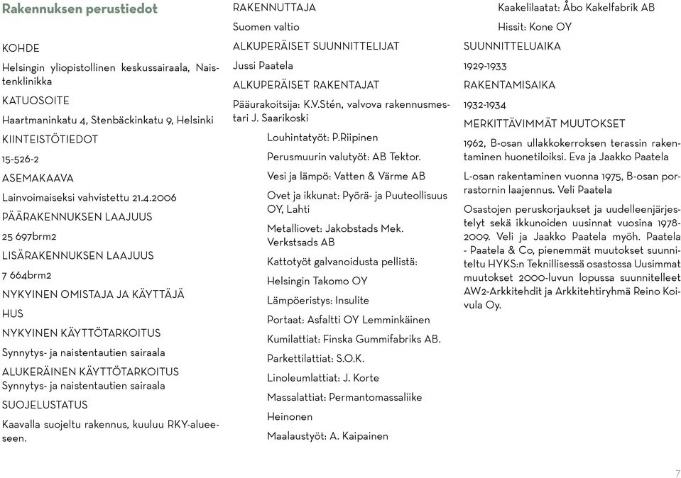 2006 PÄÄRAKENNUKSEN LAAJUUS 25 697brm2 LISÄRAKENNUKSEN LAAJUUS 7 664brm2 NYKYINEN OMISTAJA JA KÄYTTÄJÄ HUS NYKYINEN KÄYTTÖTARKOITUS Synnytys- ja naistentautien sairaala ALUKERÄINEN KÄYTTÖTARKOITUS