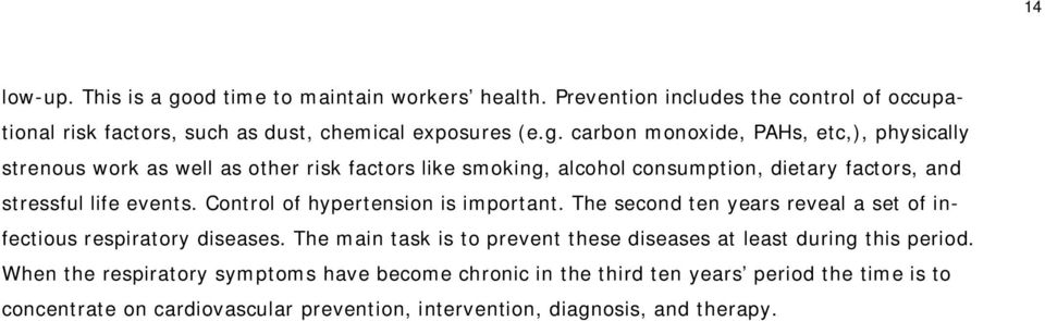 carbon monoxide, PAHs, etc,), physically strenous work as well as other risk factors like smoking, alcohol consumption, dietary factors, and stressful life events.