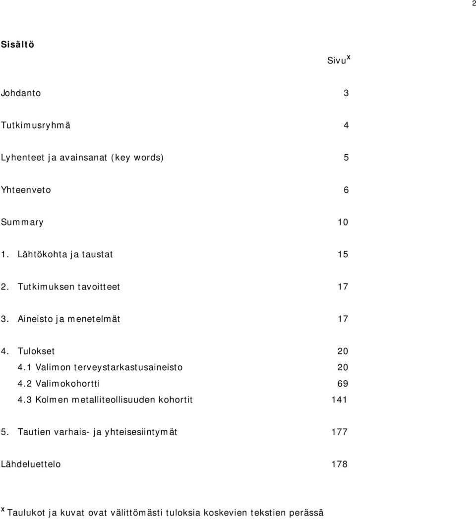 1 Valimon terveystarkastusaineisto 20 4.2 Valimokohortti 69 4.3 Kolmen metalliteollisuuden kohortit 141 5.