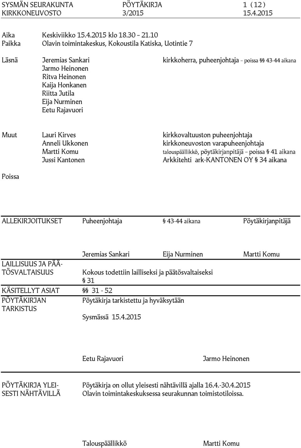 Nurminen Eetu Rajavuori Muut Lauri Kirves kirkkovaltuuston puheenjohtaja Anneli Ukkonen kirkkoneuvoston varapuheenjohtaja Martti Komu talouspäällikkö, pöytäkirjanpitäjä poissa 41 aikana Jussi