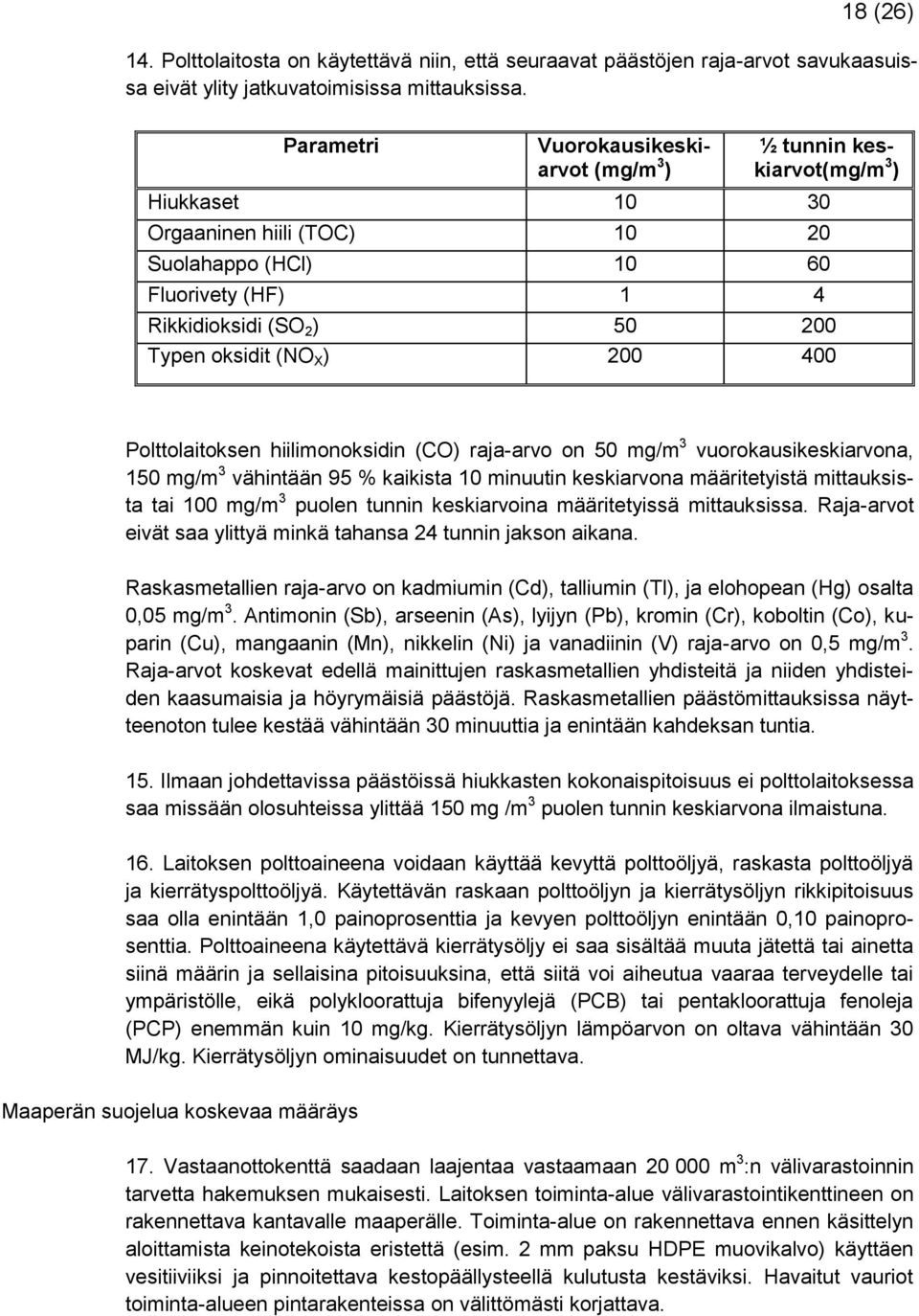 oksidit (NO X ) 200 400 Polttolaitoksen hiilimonoksidin (CO) raja-arvo on 50 mg/m 3 vuorokausikeskiarvona, 150 mg/m 3 vähintään 95 % kaikista 10 minuutin keskiarvona määritetyistä mittauksista tai