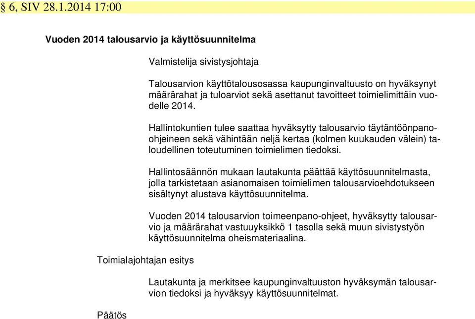 tuloarviot sekä asettanut tavoitteet toimielimittäin vuodelle 2014.