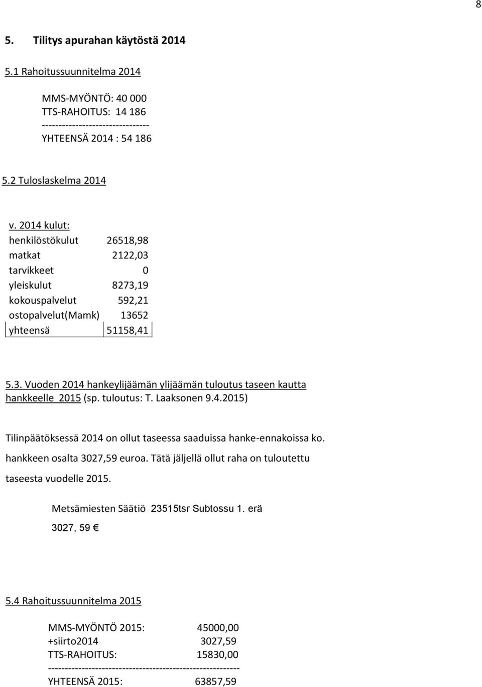 tuloutus: T. Laaksonen 9.4.2015) Tilinpäätöksessä 2014 on ollut taseessa saaduissa hanke-ennakoissa ko. hankkeen osalta 3027,59 euroa. Tätä jäljellä ollut raha on tuloutettu taseesta vuodelle 2015.