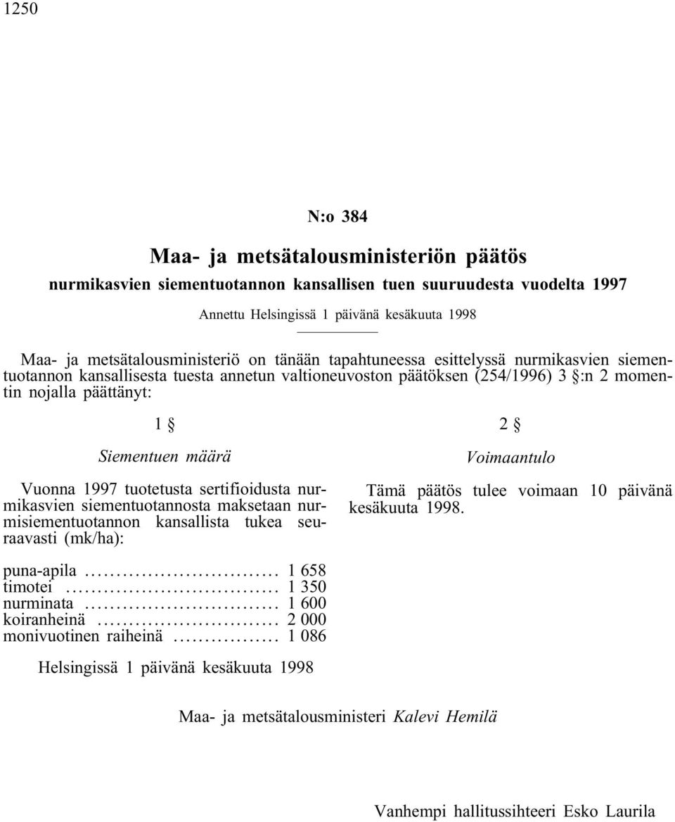 tuotetusta sertifioidusta nurmikasvien siementuotannosta maksetaan nurmisiementuotannon kansallista tukea seuraavasti (mk/ha): 2 Voimaantulo Tämä päätös tulee voimaan 10 päivänä kesäkuuta 1998.