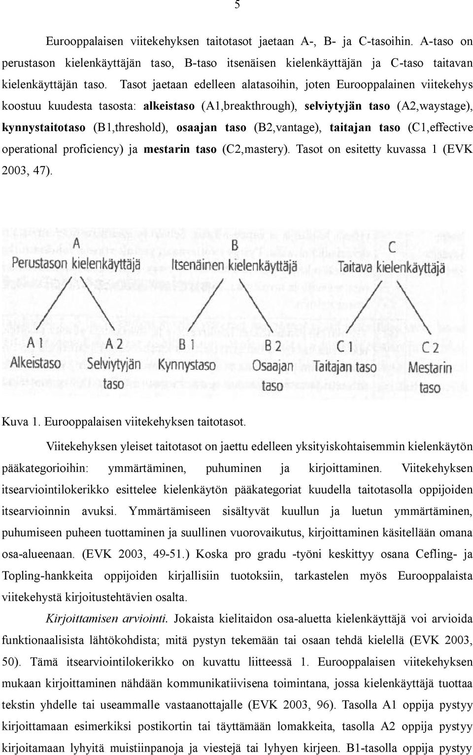 taso (B2,vantage), taitajan taso (C1,effective operational proficiency) ja mestarin taso (C2,mastery). Tasot on esitetty kuvassa 1 (EVK 2003, 47). Kuva 1. Eurooppalaisen viitekehyksen taitotasot.