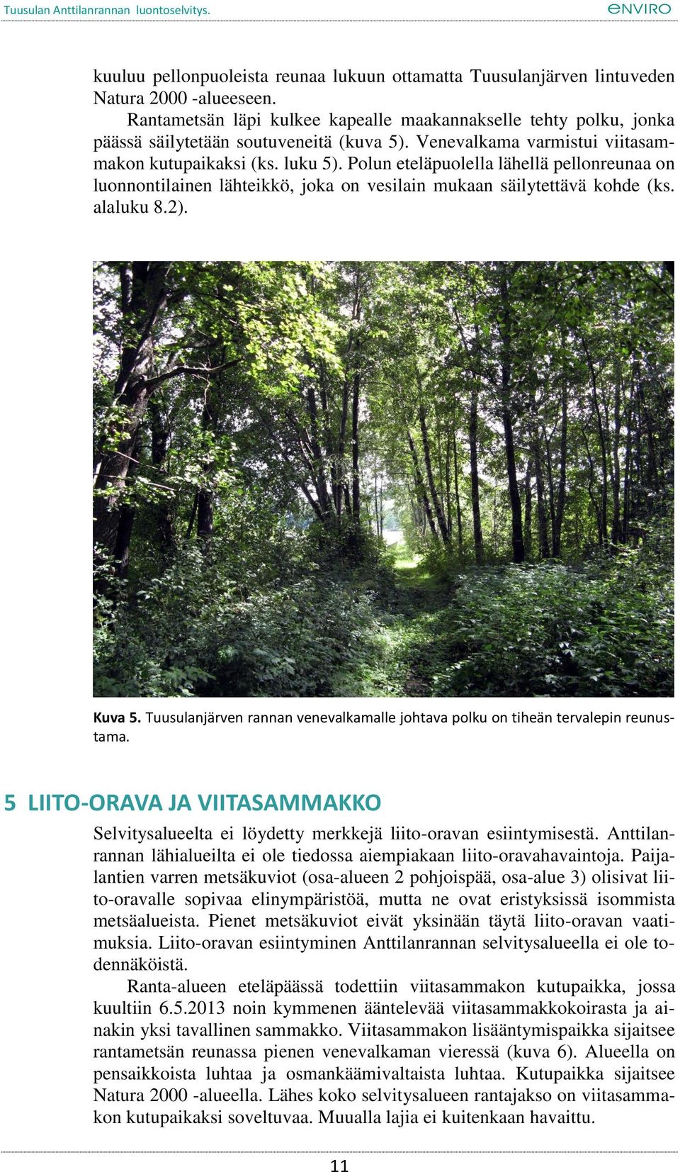 Polun eteläpuolella lähellä pellonreunaa on luonnontilainen lähteikkö, joka on vesilain mukaan säilytettävä kohde (ks. alaluku 8.2). Kuva 5.