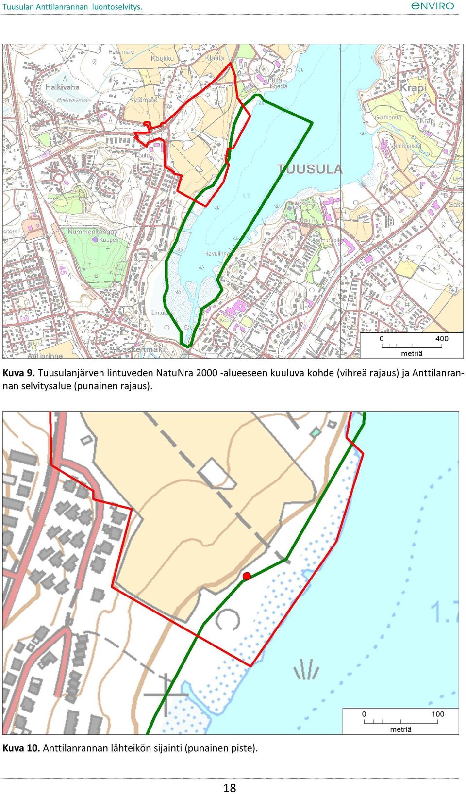 kuuluva kohde (vihreä rajaus) ja Anttilanrannan