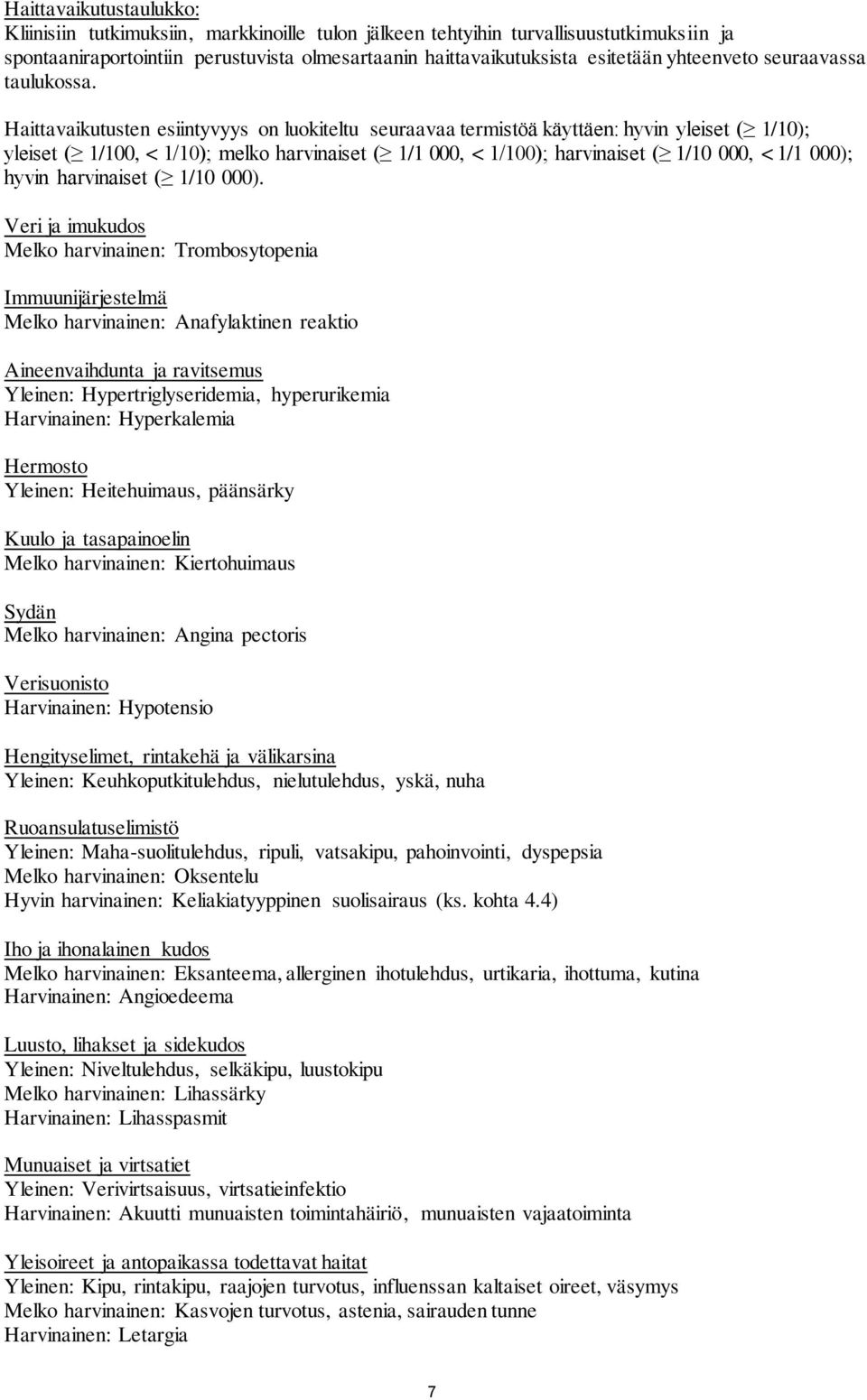 Haittavaikutusten esiintyvyys on luokiteltu seuraavaa termistöä käyttäen: hyvin yleiset ( 1/10); yleiset ( 1/100, < 1/10); melko harvinaiset ( 1/1 000, < 1/100); harvinaiset ( 1/10 000, < 1/1 000);