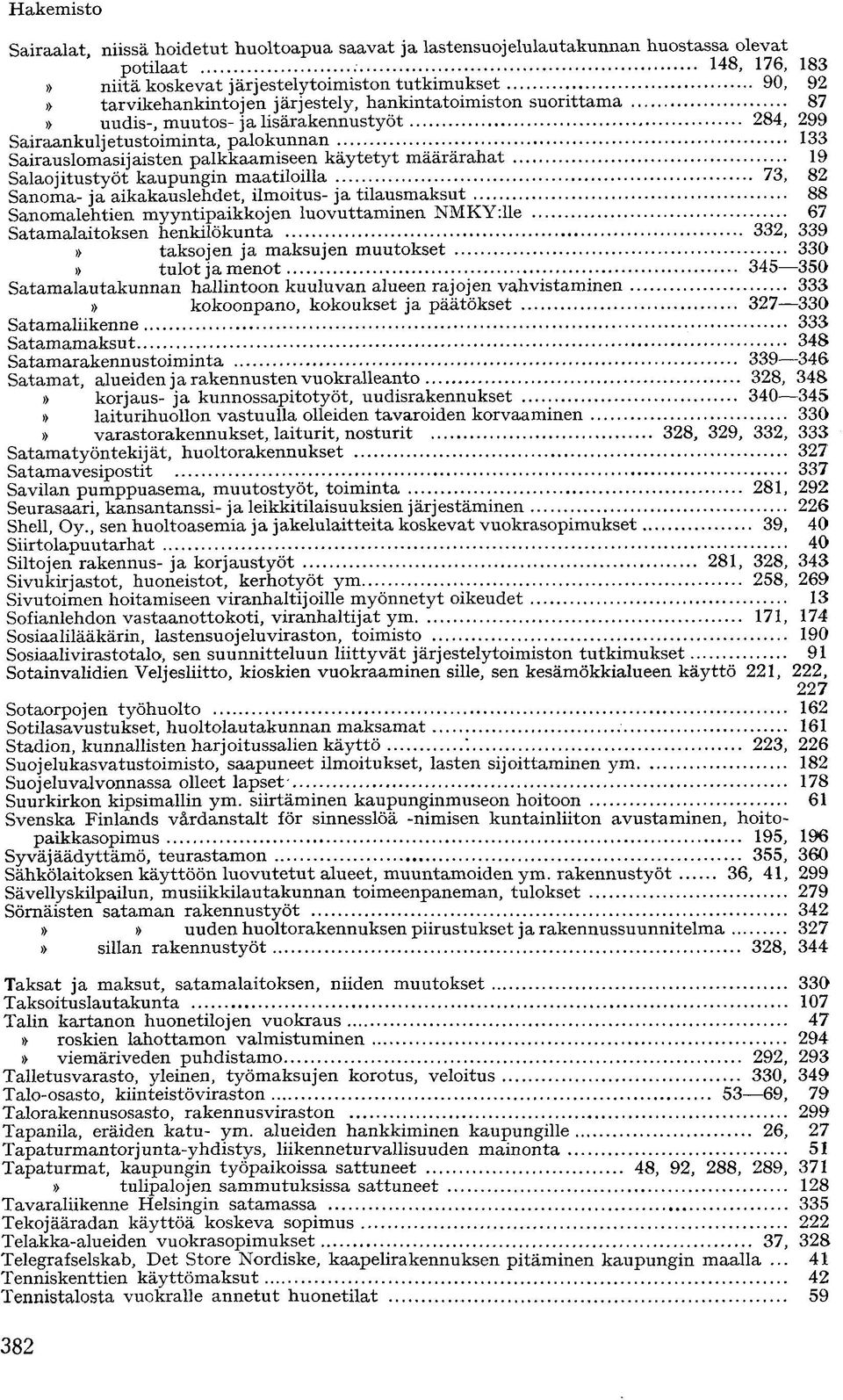 maatiloilla 73, 82 Sanoma- ja aikakauslehdet, ilmoitus- ja tilausmaksut 88 Sanomalehtien myyntipaikkojen luovuttaminen NMKY:lle 67 Satamalaitoksen henkilökunta 332, 339 taksojen ja maksujen muutokset