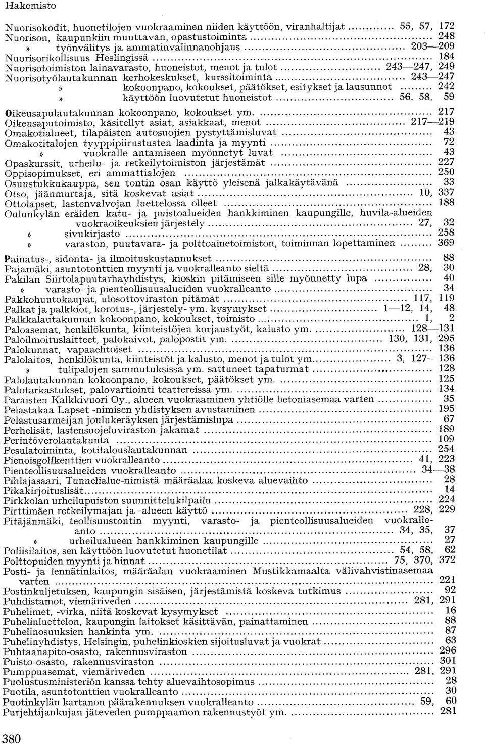 lausunnot 242 käyttöön luovutetut huoneistot 56, 58, 59 Oikeusapulautakunnan kokoonpano, kokoukset ym 217 Oikeusaputoimisto, käsitellyt asiat, asiakkaat, menot 217 219 Omakotialueet, tilapäisten