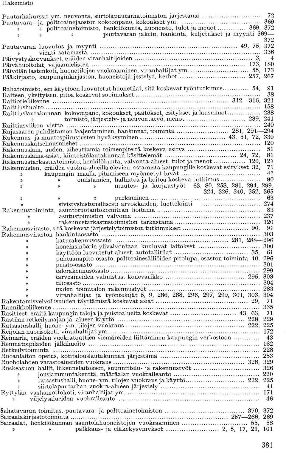 hankinta, kuljetukset ja myynti 369 372 Puutavaran luovutus ja myynti 49, 75, 372 vienti satamasta 336 Päivystyskorvaukset, eräiden viranhaltijoiden 3, 4 Päivähuoltolat, vajaamielisten 173, 180