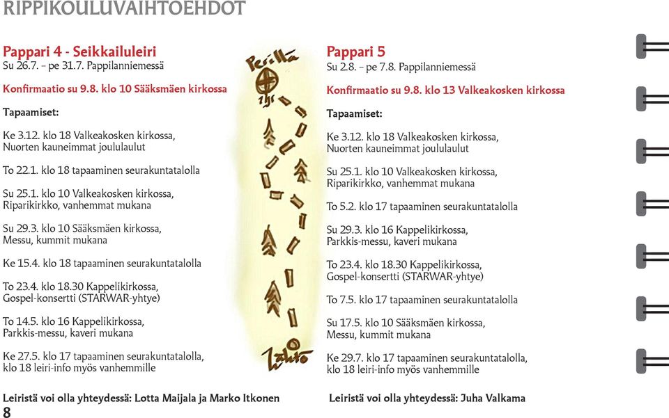 5. klo 17 tapaaminen seurakuntatalolla, Leiristä voi olla yhteydessä: Lotta Maijala ja Marko Itkonen 8 Pappari 5 Su 2.8. pe 7.8. Pappilanniemessä Konfirmaatio su 9.8. klo 13 Valkeakosken kirkossa Su 25.