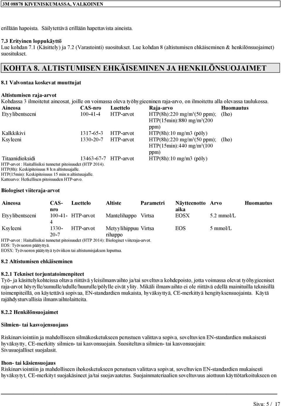 1 Vlvot koskevt muuttujt Altistumise rj-rvot Kohdss 3 ilmoitetut ieost, joille o voimss olev työhygieeie rj-rvo, o ilmoitettu ll olevss tulukoss.