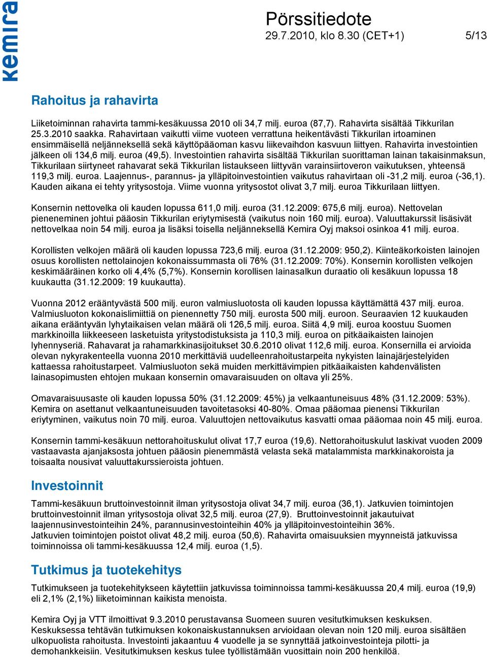 Rahavirta investointien jälkeen oli 134,6 milj. euroa (49,5).