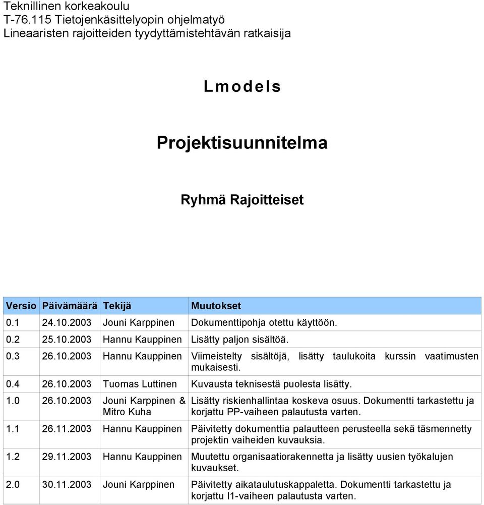 2003 Jouni Karppinen Dokumenttipohja otettu käyttöön. 0.2 25.10.2003 Hannu Kauppinen Lisätty paljon sisältöä. 0.3 26.10.2003 Hannu Kauppinen Viimeistelty sisältöjä, lisätty taulukoita kurssin vaatimusten mukaisesti.