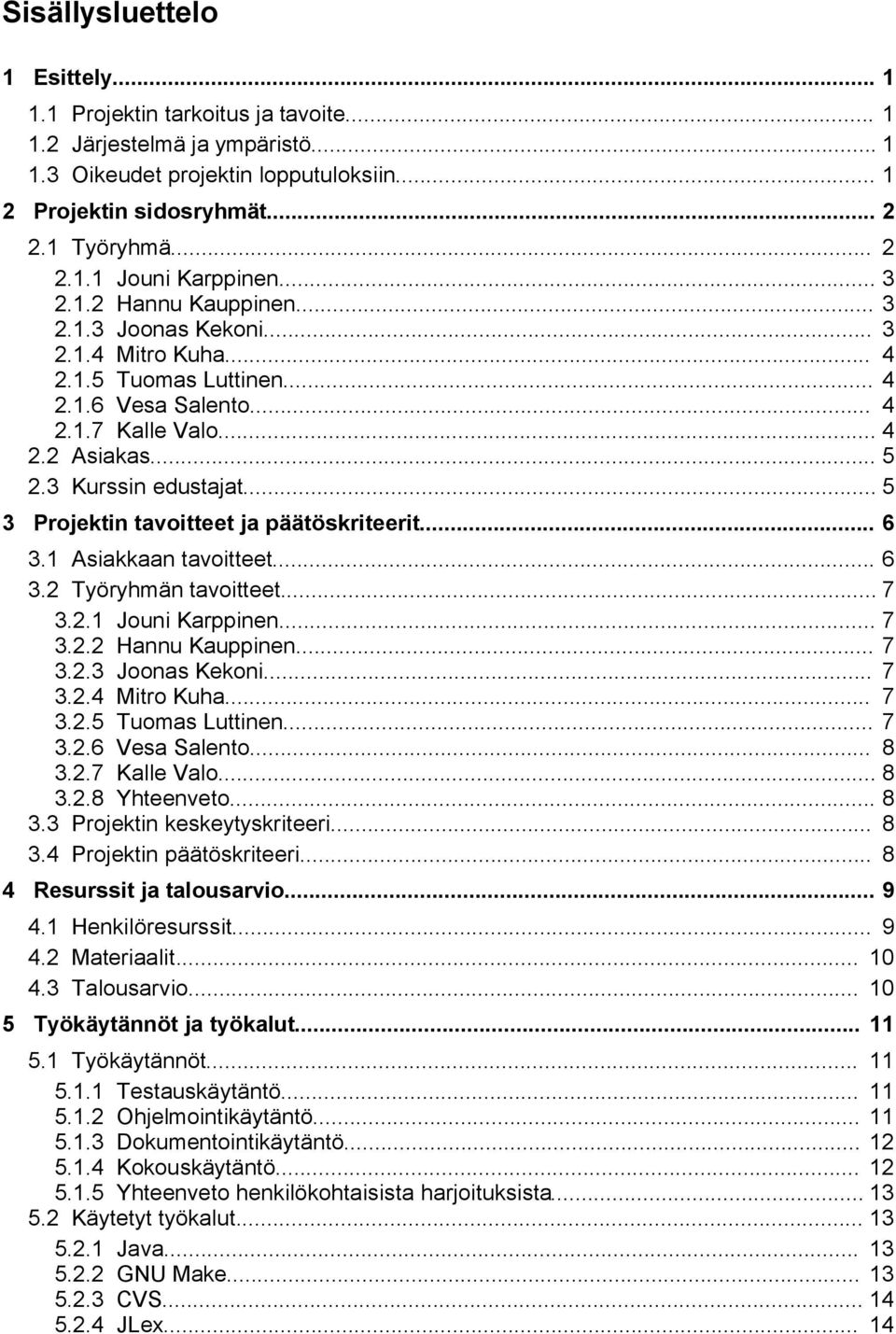 .. 5 3 Projektin tavoitteet ja päätöskriteerit... 6 3.1 Asiakkaan tavoitteet... 6 3.2 Työryhmän tavoitteet... 7 3.2.1 Jouni Karppinen... 7 3.2.2 Hannu Kauppinen... 7 3.2.3 Joonas Kekoni... 7 3.2.4 Mitro Kuha.