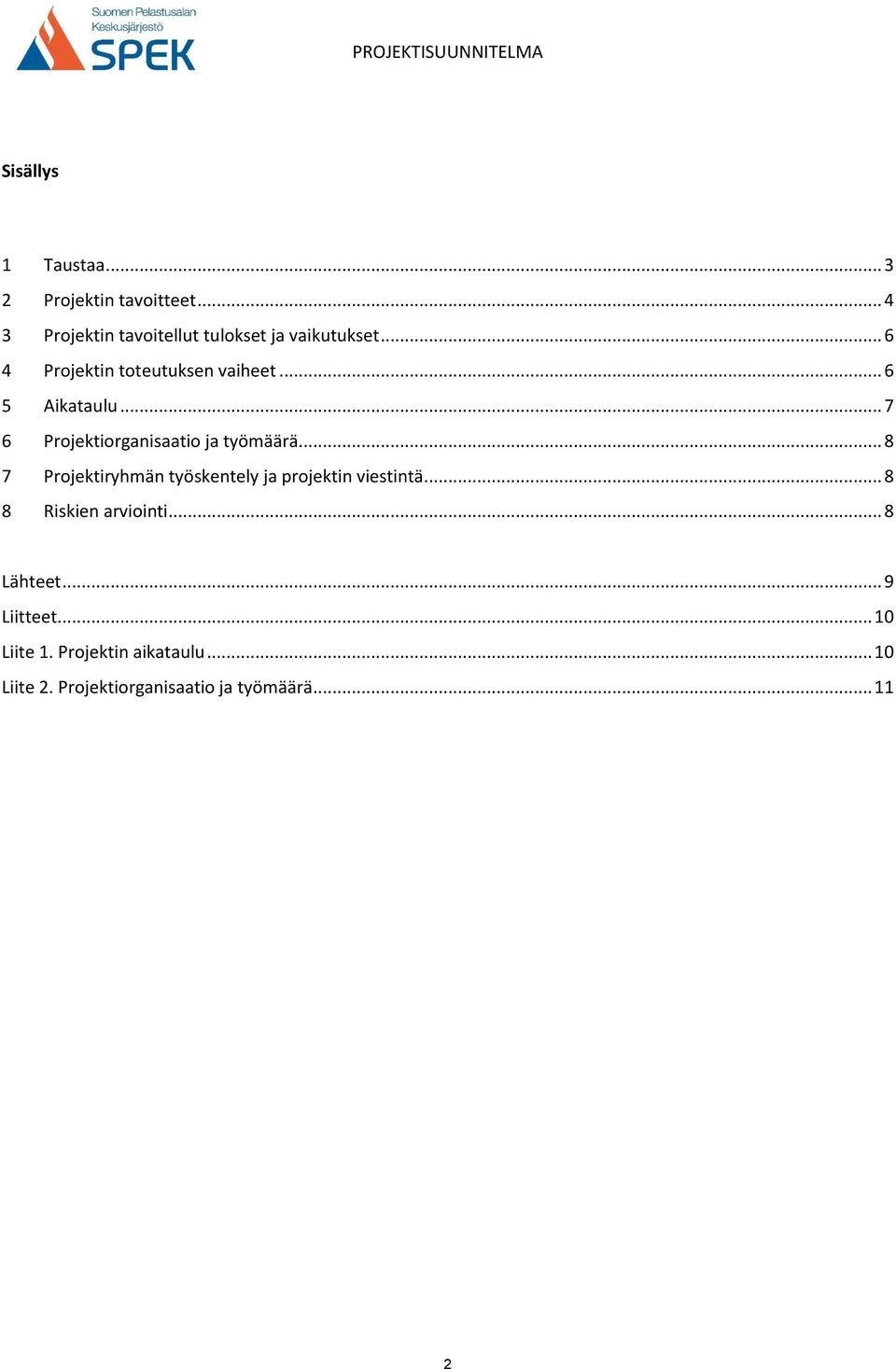 .. 8 7 Projektiryhmän työskentely ja projektin viestintä... 8 8 Riskien arviointi... 8 Lähteet.