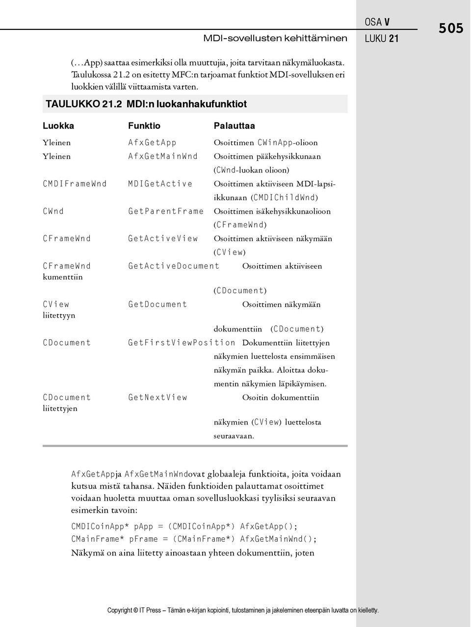 Osoittimen aktiiviseen MDI-lapsiikkunaan (CMDIChildWnd) CWnd GetParentFrame Osoittimen isäkehysikkunaolioon (CFrameWnd) CFrameWnd GetActiveView Osoittimen aktiiviseen näkymään (CView) CFrameWnd