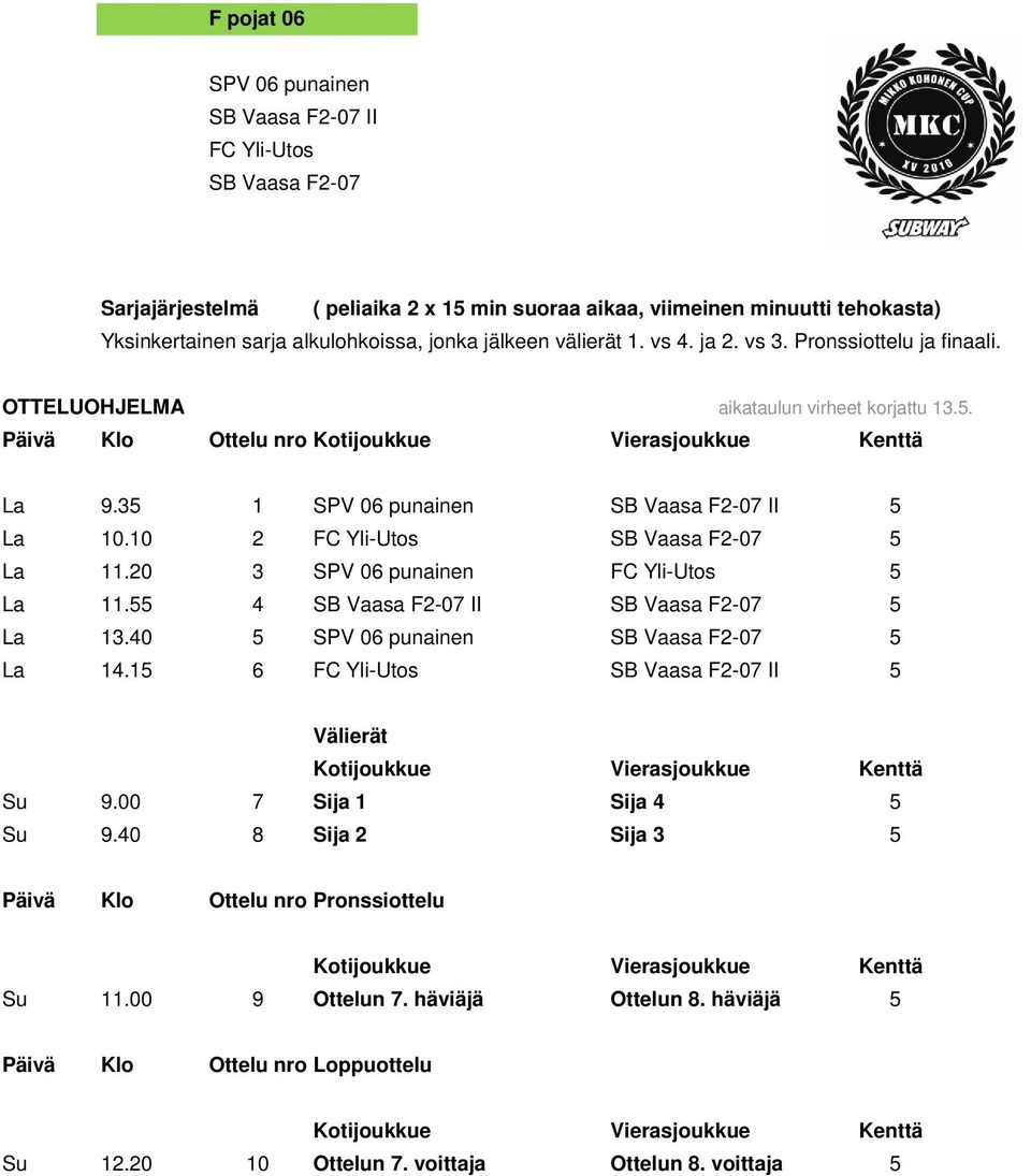 10 2 FC Yli-Utos SB Vaasa F2-07 5 La 11.20 3 SPV 06 punainen FC Yli-Utos 5 La 11.55 4 SB Vaasa F2-07 II SB Vaasa F2-07 5 La 13.40 5 SPV 06 punainen SB Vaasa F2-07 5 La 14.