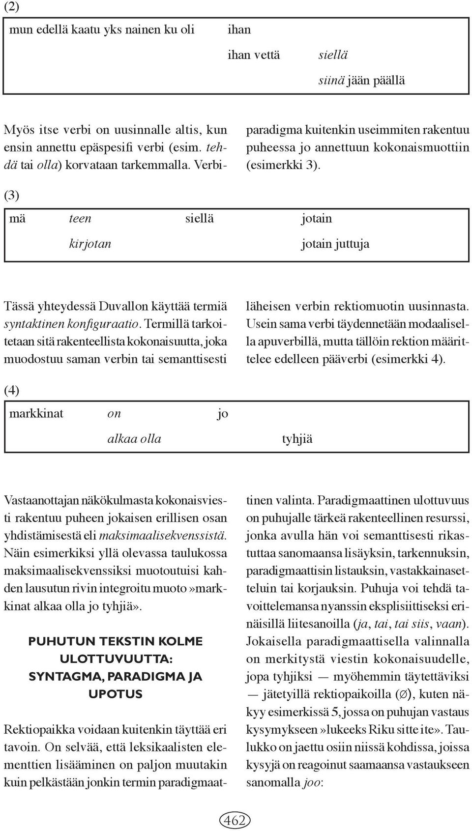 (3) mä teen siellä jotain kirjotan jotain juttuja Tässä yhteydessä Duvallon käyttää termiä syntaktinen konfiguraatio.