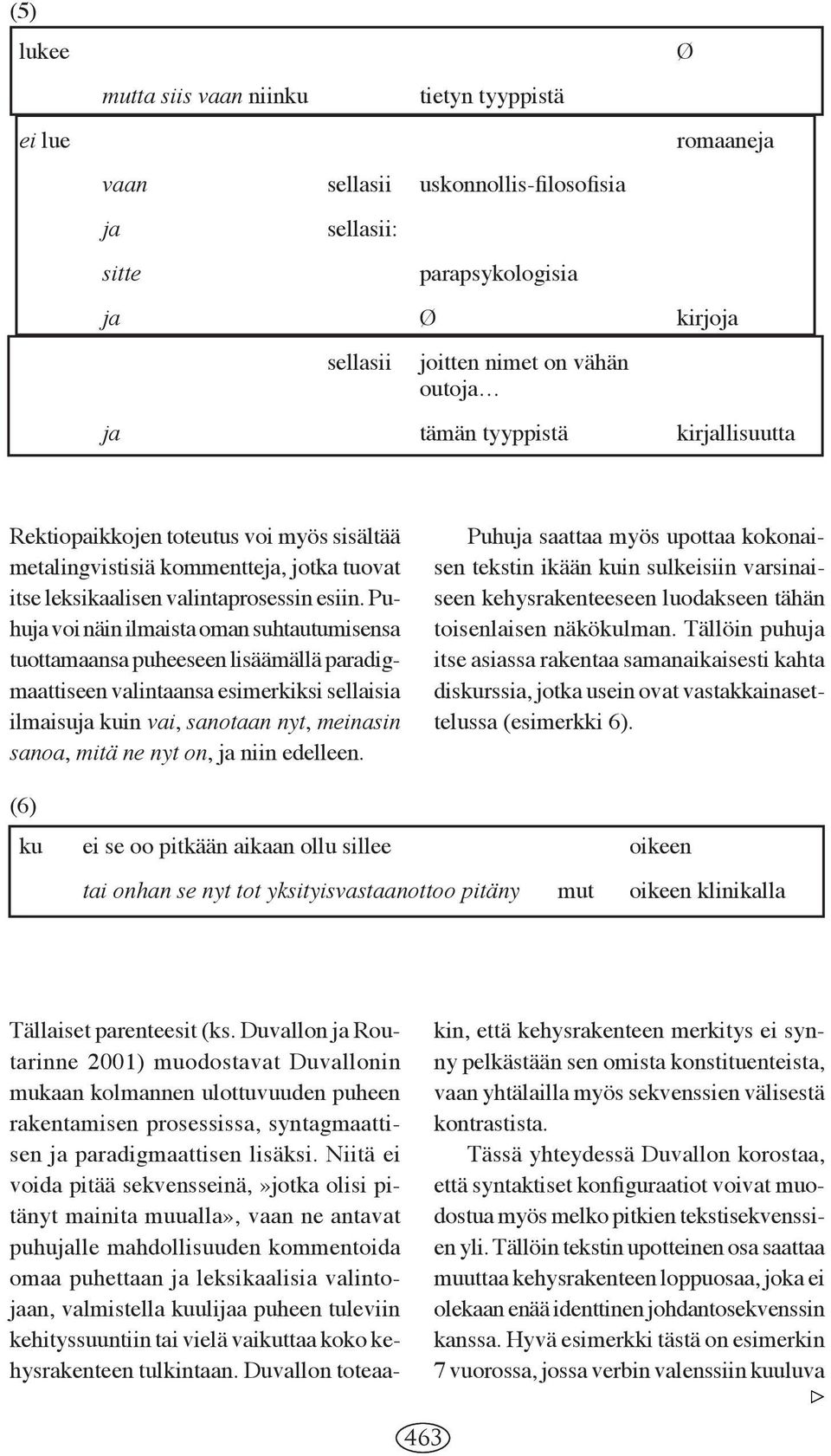 Puhuja voi näin ilmaista oman suhtautumisensa tuottamaansa puheeseen lisäämällä paradigmaattiseen valintaansa esimerkiksi sellaisia ilmaisuja kuin vai, sanotaan nyt, meinasin sanoa, mitä ne nyt on,