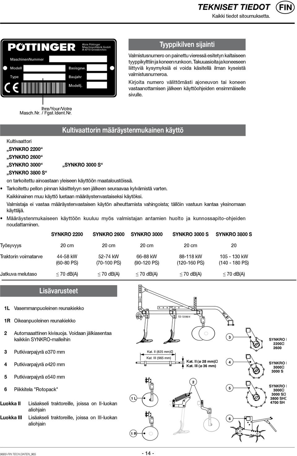 Kirjoita numero välittömästi ajoneuvon tai koneen vastaanottamisen jälkeen käyttöohjeiden ensimmäiselle sivulle. Ihre/Your/Votre Masch.Nr.