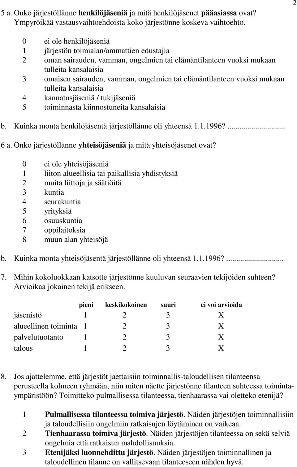 tai elämäntilanteen vuoksi mukaan tulleita kansalaisia 4 kannatusjäseniä / tukijäseniä 5 toiminnasta kiinnostuneita kansalaisia b. Kuinka monta henkilöjäsentä järjestöllänne oli yhteensä 1.1.1996?