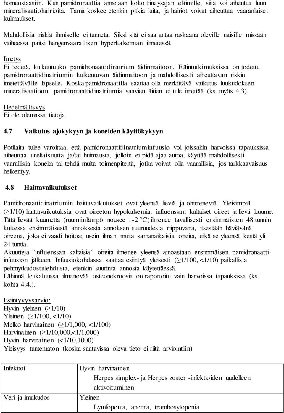 Siksi sitä ei saa antaa raskaana oleville naisille missään vaiheessa paitsi hengenvaarallisen hyperkalsemian ilmetessä. Imetys Ei tiedetä, kulkeutuuko pamidronaattidinatrium äidinmaitoon.