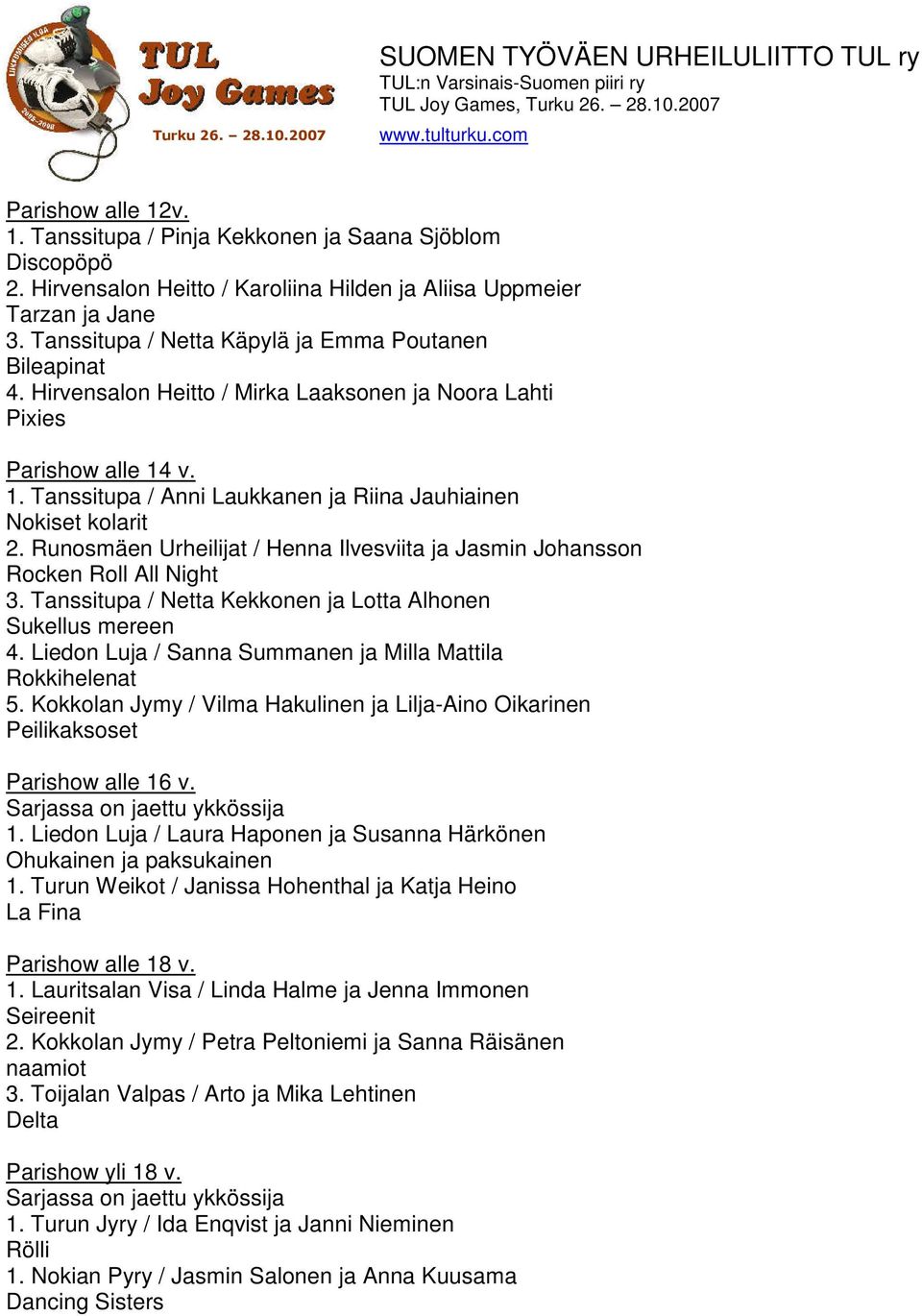 Runosmäen Urheilijat / Henna Ilvesviita ja Jasmin Johansson Rocken Roll All Night 3. Tanssitupa / Netta Kekkonen ja Lotta Alhonen Sukellus mereen 4.