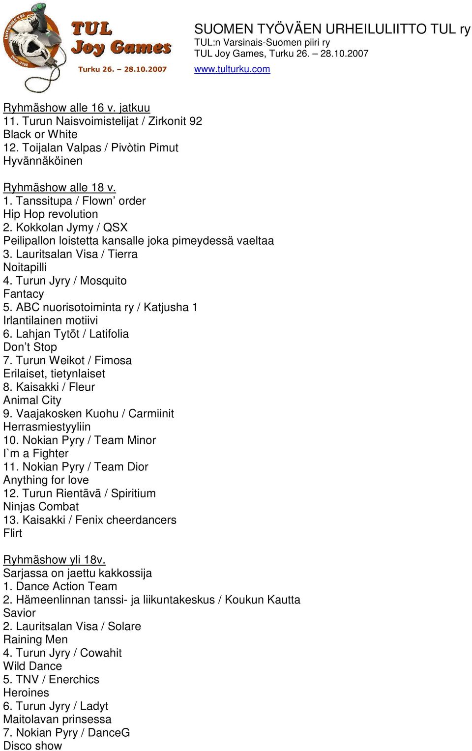 ABC nuorisotoiminta ry / Katjusha 1 Irlantilainen motiivi 6. Lahjan Tytöt / Latifolia Don t Stop 7. Turun Weikot / Fimosa Erilaiset, tietynlaiset 8. Kaisakki / Fleur Animal City 9.