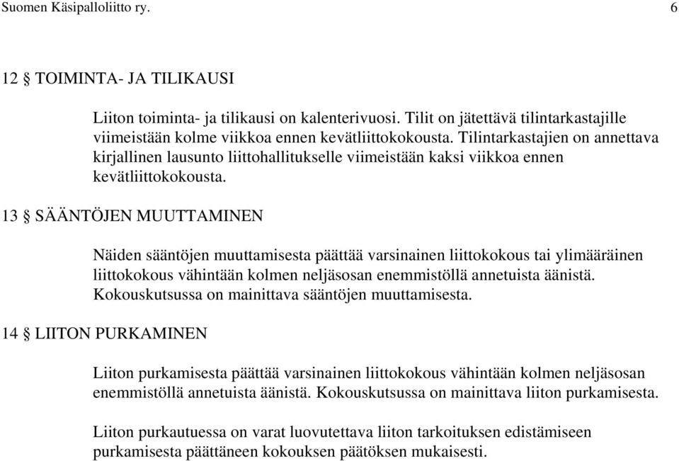 13 SÄÄNTÖJEN MUUTTAMINEN Näiden sääntöjen muuttamisesta päättää varsinainen liittokokous tai ylimääräinen liittokokous vähintään kolmen neljäsosan enemmistöllä annetuista äänistä.