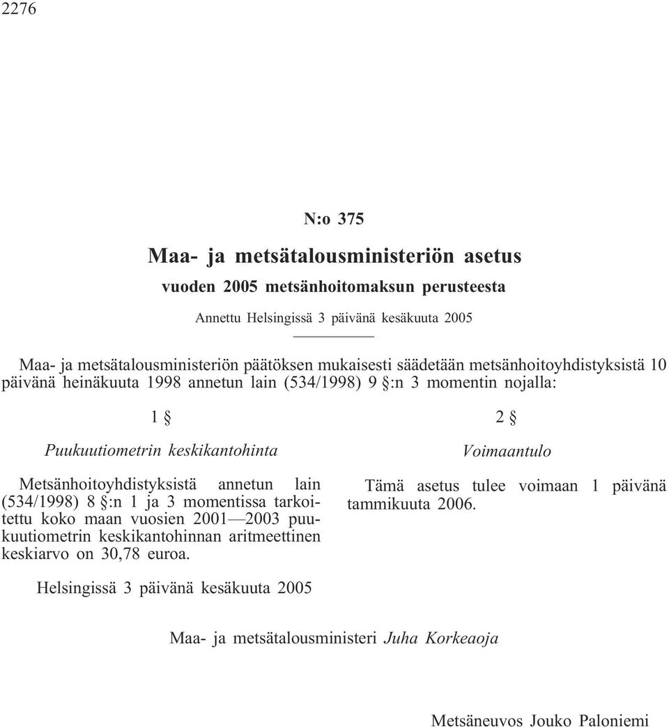 Metsänhoitoyhdistyksistä annetun lain (534/1998) 8 :n 1 ja 3 momentissa tarkoitettu koko maan vuosien 2001 2003 puukuutiometrin keskikantohinnan aritmeettinen keskiarvo on