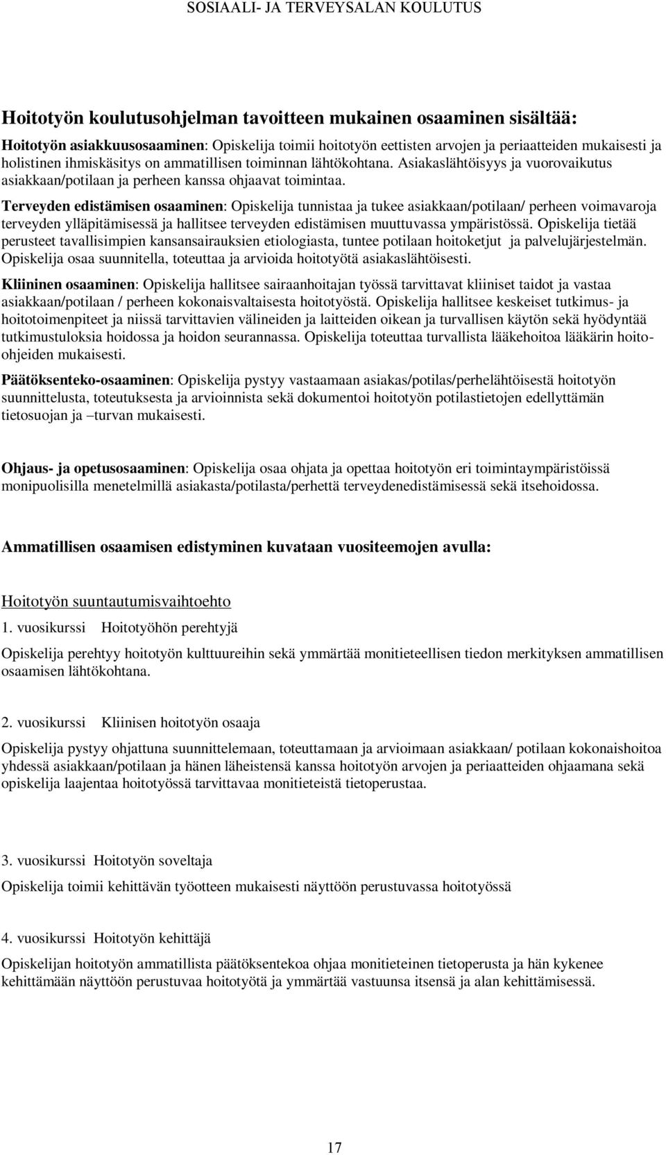 Terveyden edistämisen osaaminen: Opiskelija tunnistaa ja tukee asiakkaan/potilaan/ perheen voimavaroja terveyden ylläpitämisessä ja hallitsee terveyden edistämisen muuttuvassa ympäristössä.