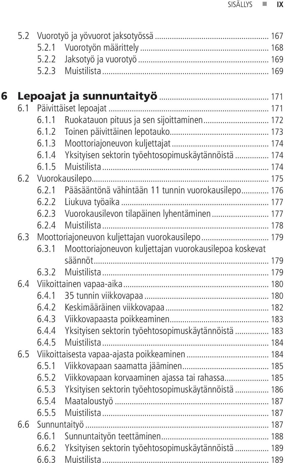 .. 174 6.1.5 Muistilista... 174 6.2 Vuorokausilepo... 175 6.2.1 Pääsääntönä vähintään 11 tunnin vuorokausilepo... 176 6.2.2 Liukuva työaika... 177 6.2.3 Vuorokausilevon tilapäinen lyhentäminen... 177 6.2.4 Muistilista.