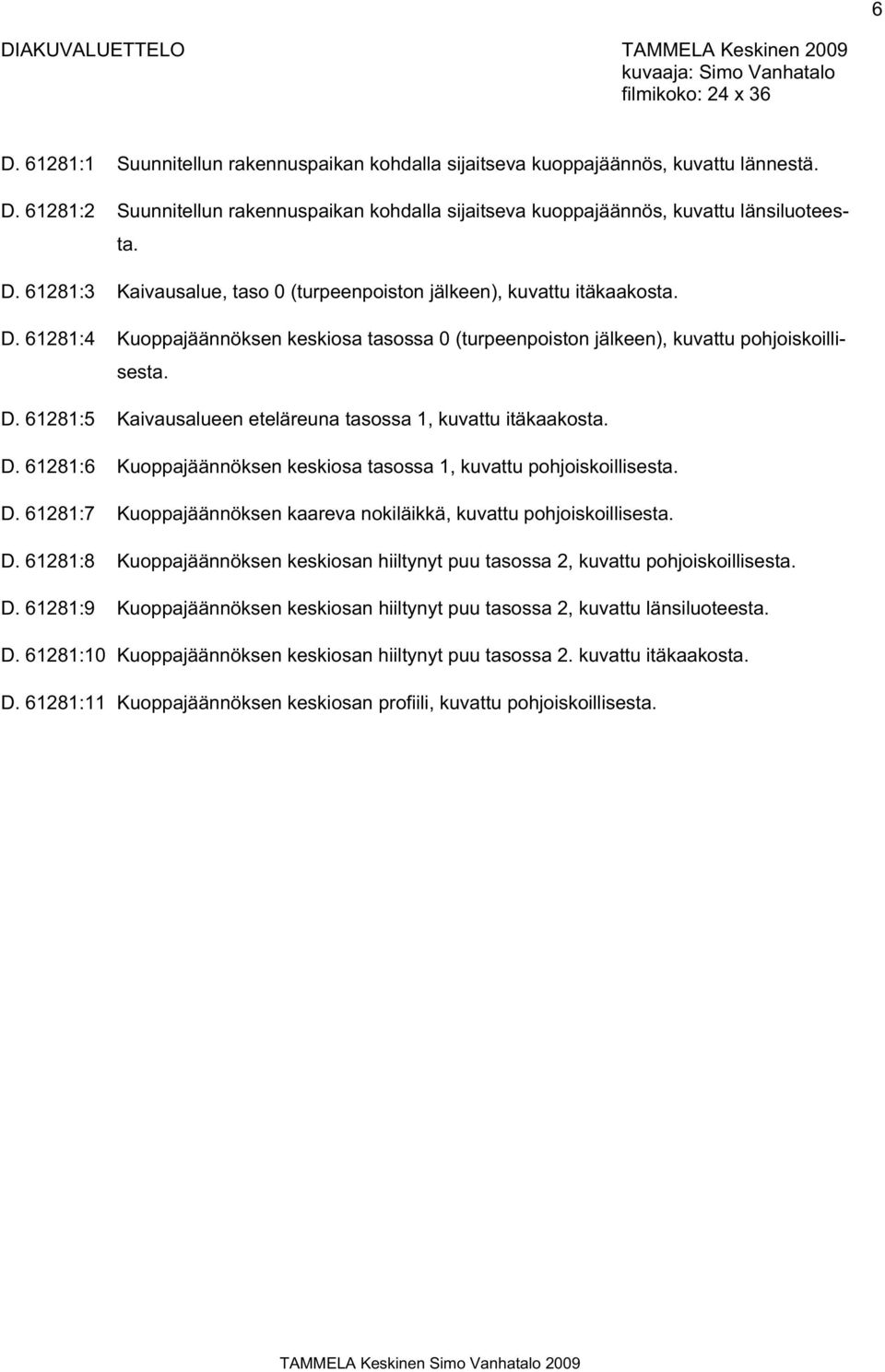 D. 61281:6 Kuoppajäännöksen keskiosa tasossa 1, kuvattu pohjoiskoillisesta. D. 61281:7 Kuoppajäännöksen kaareva nokiläikkä, kuvattu pohjoiskoillisesta. D. 61281:8 Kuoppajäännöksen keskiosan hiiltynyt puu tasossa 2, kuvattu pohjoiskoillisesta.