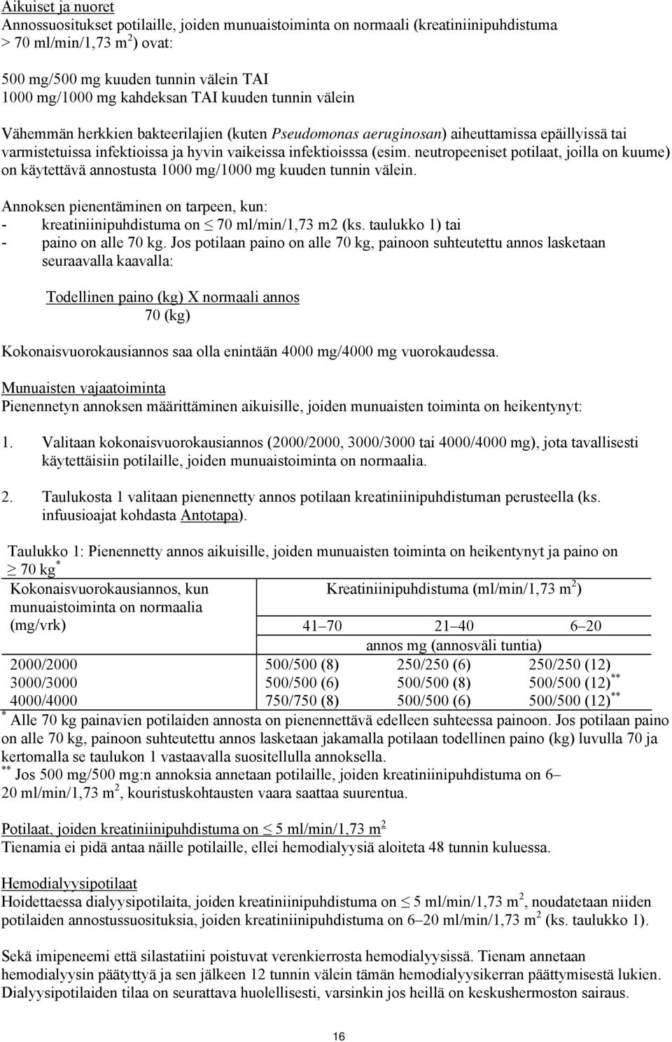 neutropeeniset potilaat, joilla on kuume) on käytettävä annostusta 1000 mg/1000 mg kuuden tunnin välein. Annoksen pienentäminen on tarpeen, kun: - kreatiniinipuhdistuma on 70 ml/min/1,73 m2 (ks.