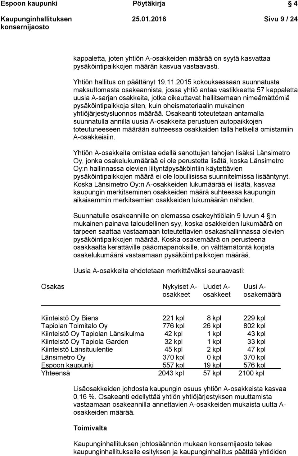 siten, kuin oheismateriaalin mukainen yhtiöjärjestysluonnos määrää.