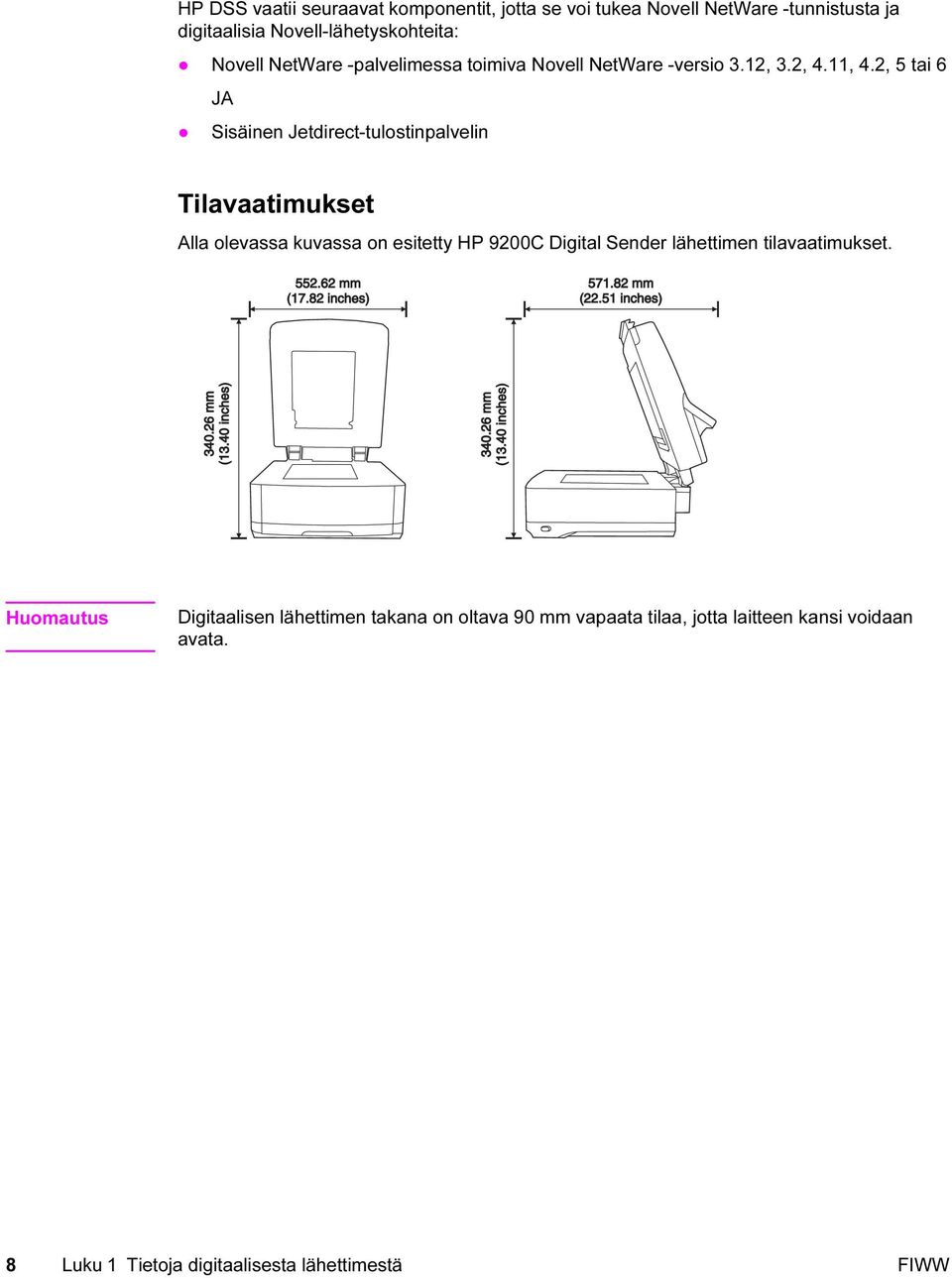 2, 5 tai 6 JA Sisäinen Jetdirect-tulostinpalvelin Tilavaatimukset Alla olevassa kuvassa on esitetty HP 9200C Digital Sender