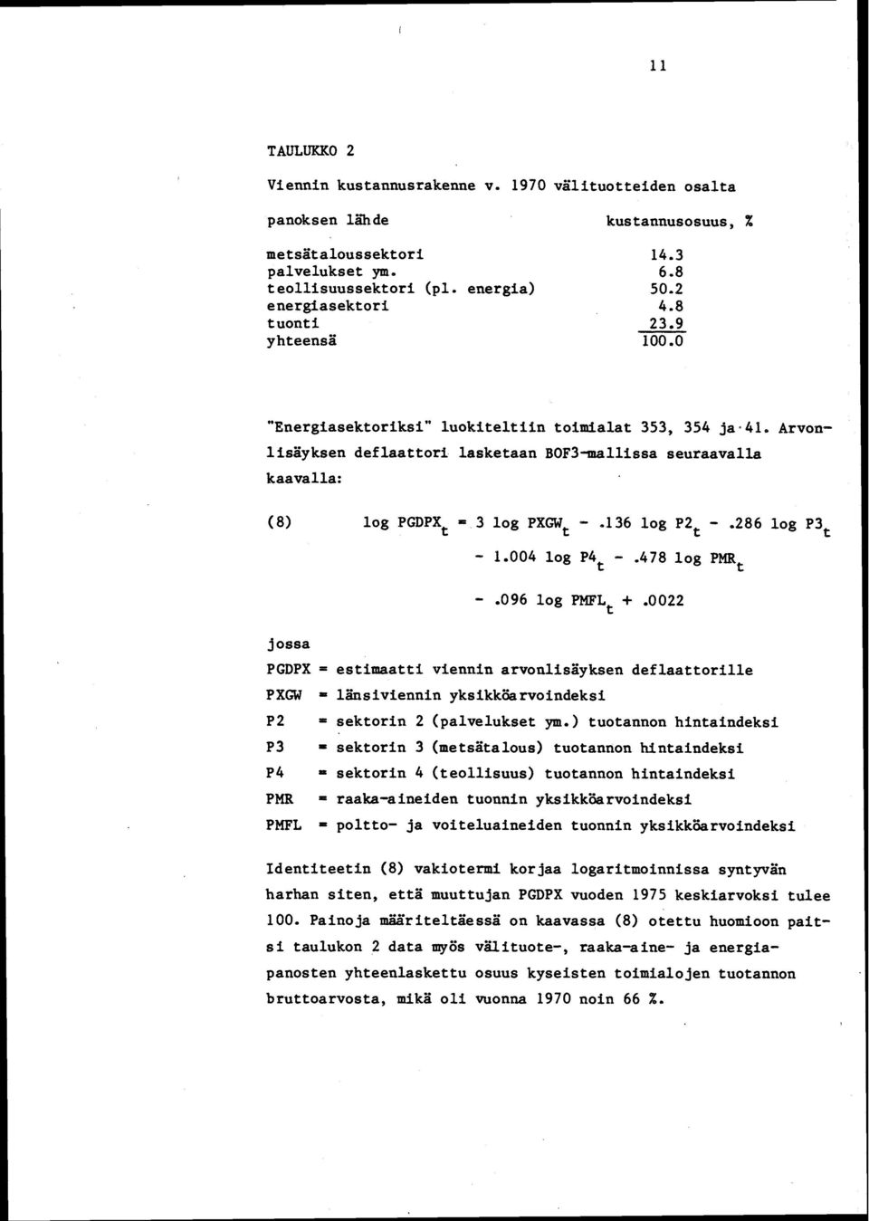 Arvonlisäyksen deflaattori lasketaan BOF3-mallissa seuraavalla kaavalla: (8) log PGDPX t 3 log PXGW t -.136 log P2 t -.286 log P3 t - 1.004 log P4 t -.478 log PMR t -.096 log PMFL t +.