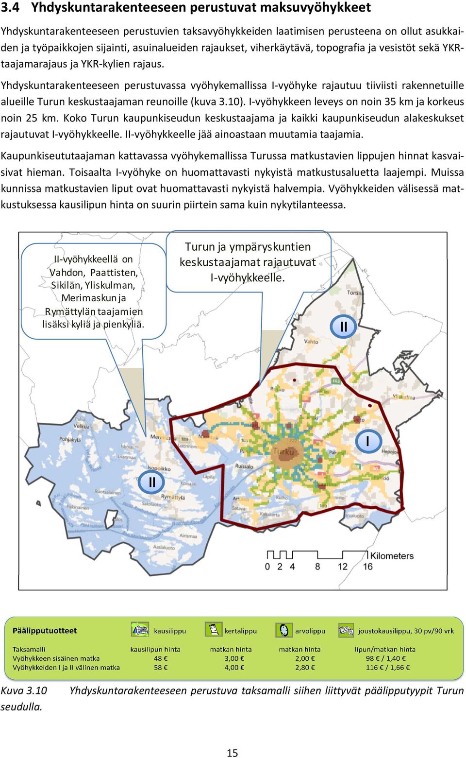 Yhdyskuntarakenteeseen perustuvassa vyöhykemallissa I vyöhyke rajautuu tiiviisti rakennetuille alueille Turun keskustaajaman reunoille (kuva 3.10).