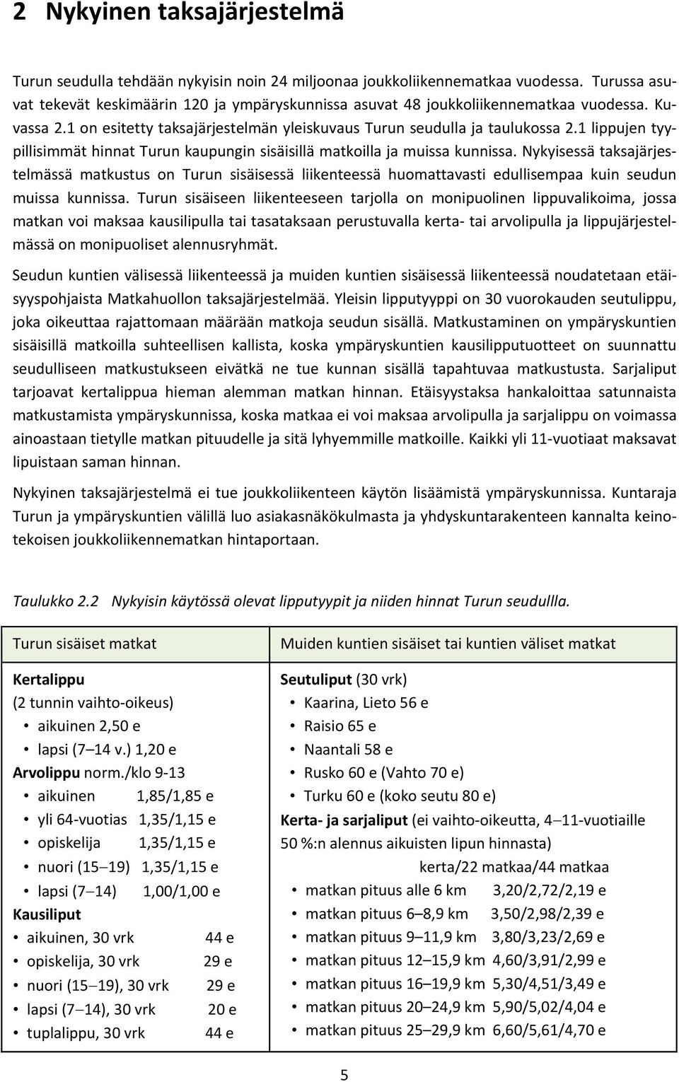 1 lippujen tyypillisimmät hinnat Turun kaupungin sisäisillä matkoilla ja muissa kunnissa.