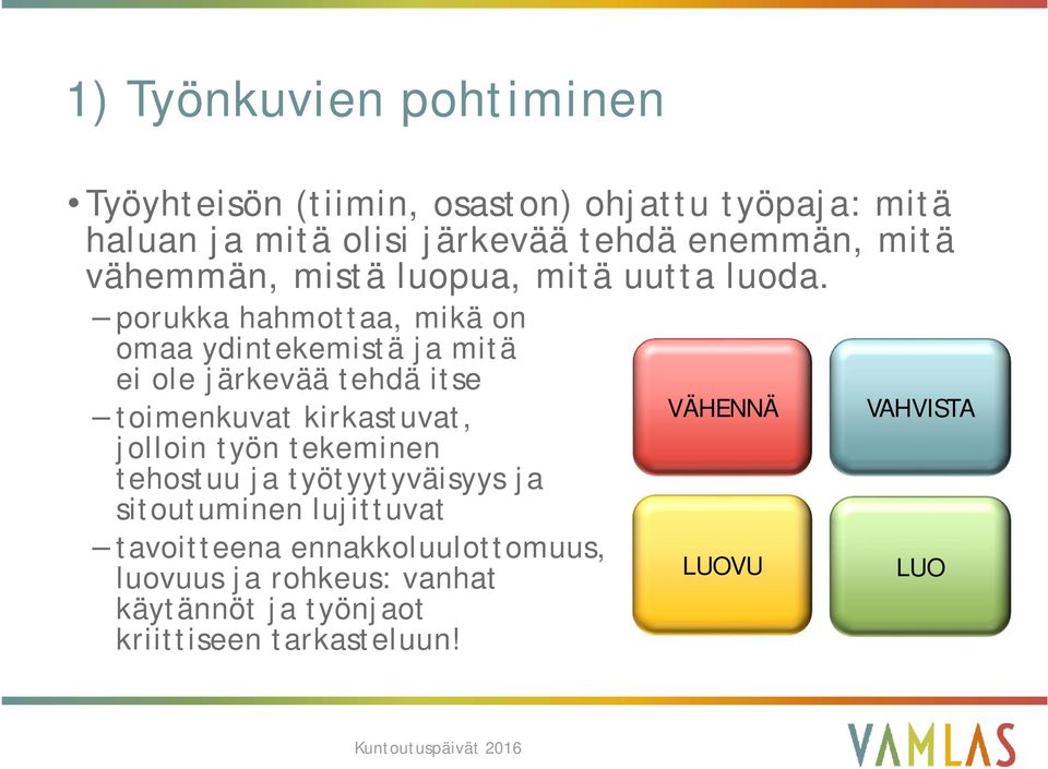 porukka hahmottaa, mikä on omaa ydintekemistä ja mitä ei ole järkevää tehdä itse toimenkuvat kirkastuvat, jolloin työn