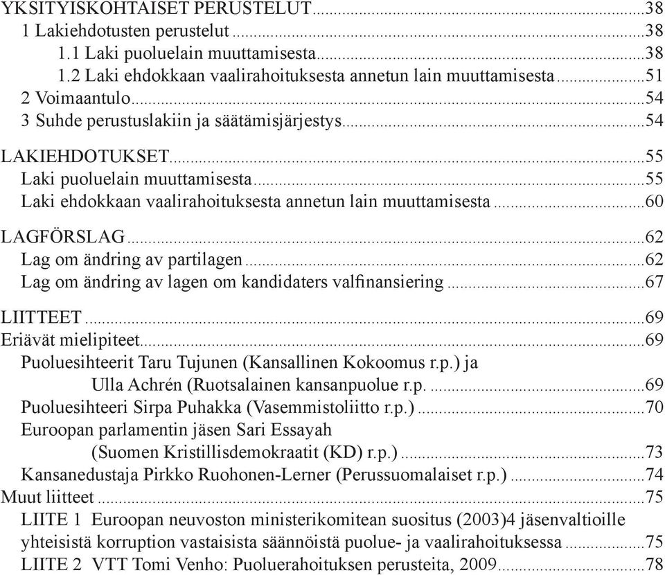 ..62 Lag om ändring av partilagen...62 Lag om ändring av lagen om kandidaters valfinansiering...67 LIITTEET...69 Eriävät mielipiteet...69 Puoluesihteerit Taru Tujunen (Kansallinen Kokoomus r.p.) ja Ulla Achrén (Ruotsalainen kansanpuolue r.