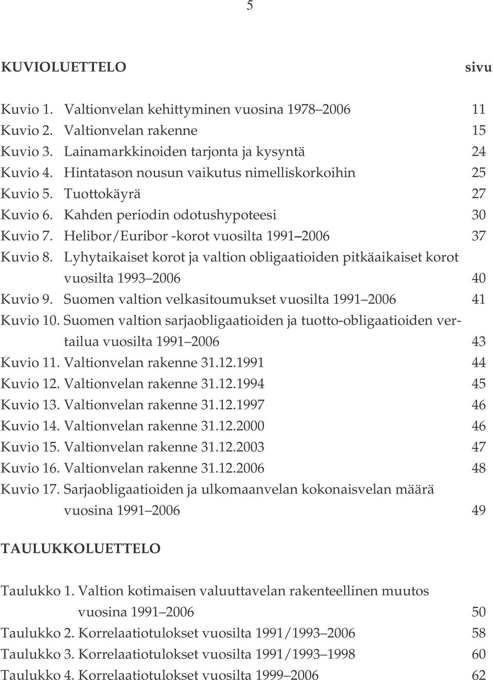 Lyhytaikaiset korot ja valtion obligaatioiden pitkäaikaiset korot vuosilta 1993 2006 40 Kuvio 9. Suomen valtion velkasitoumukset vuosilta 1991 2006 41 Kuvio 10.